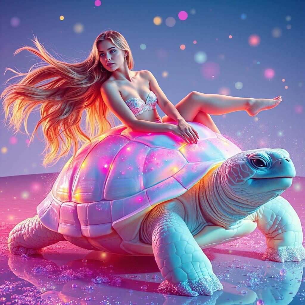 Radiant Woman on Luminous Tortoise in Soda Sea