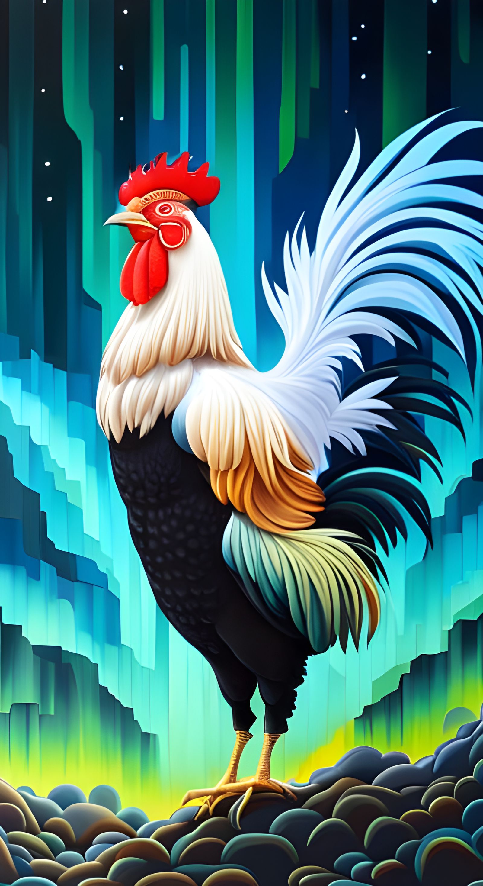 Iridescent Rooster in Aurora Circuit Board Sky