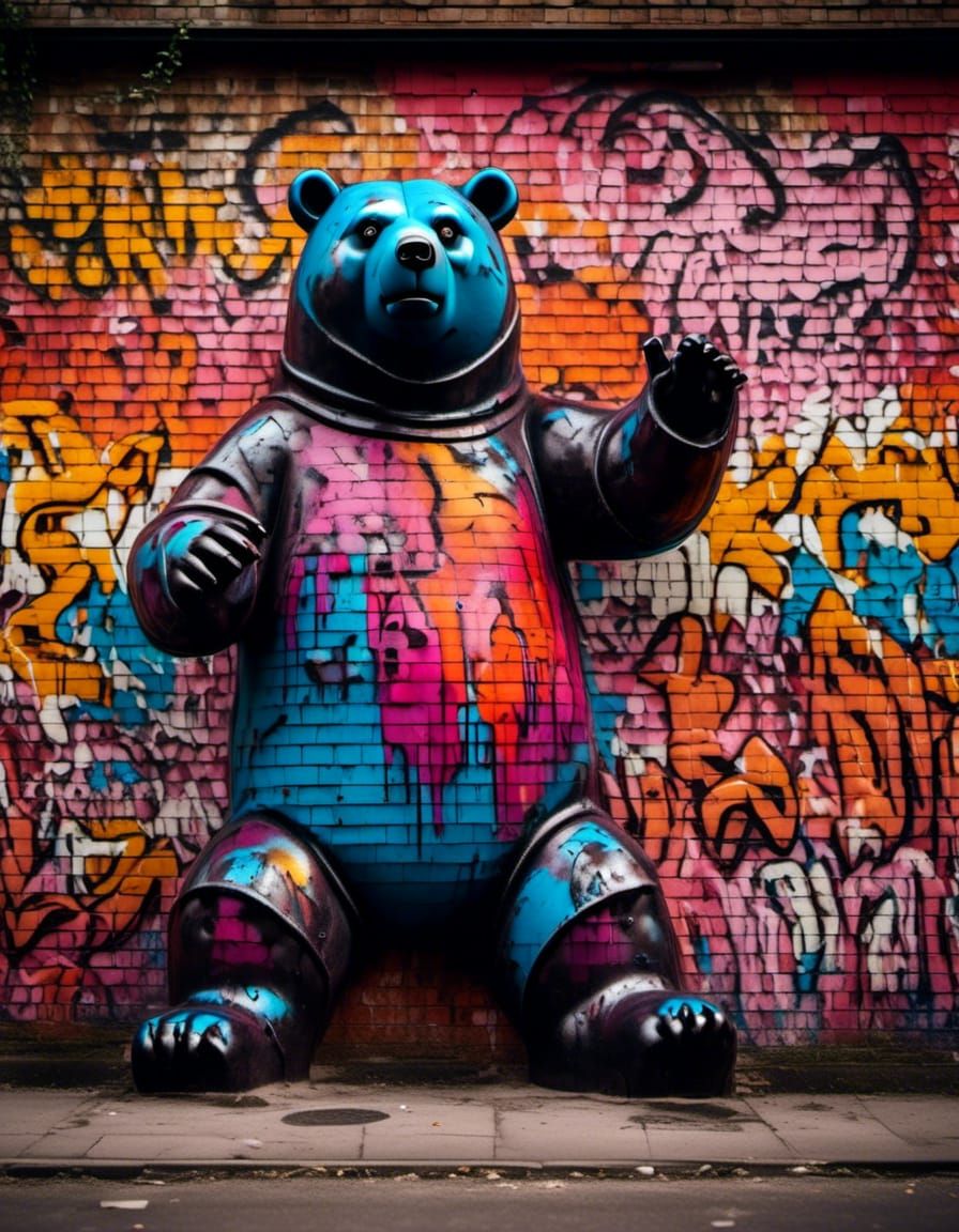 Bear in Vibrant Street Art with Graffiti Tag