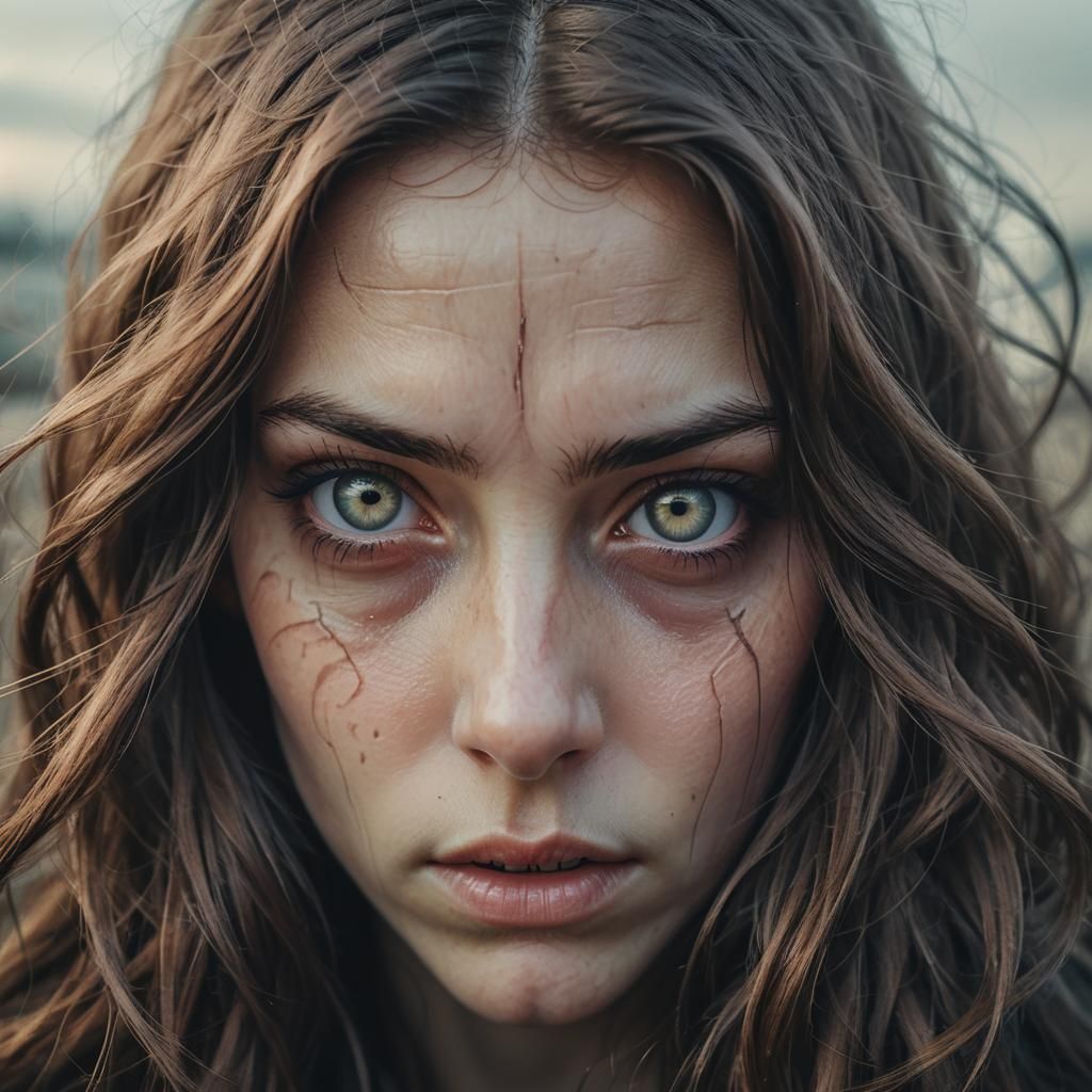 Eerie Surreal Portrait: Woman with Piercing Eyes
