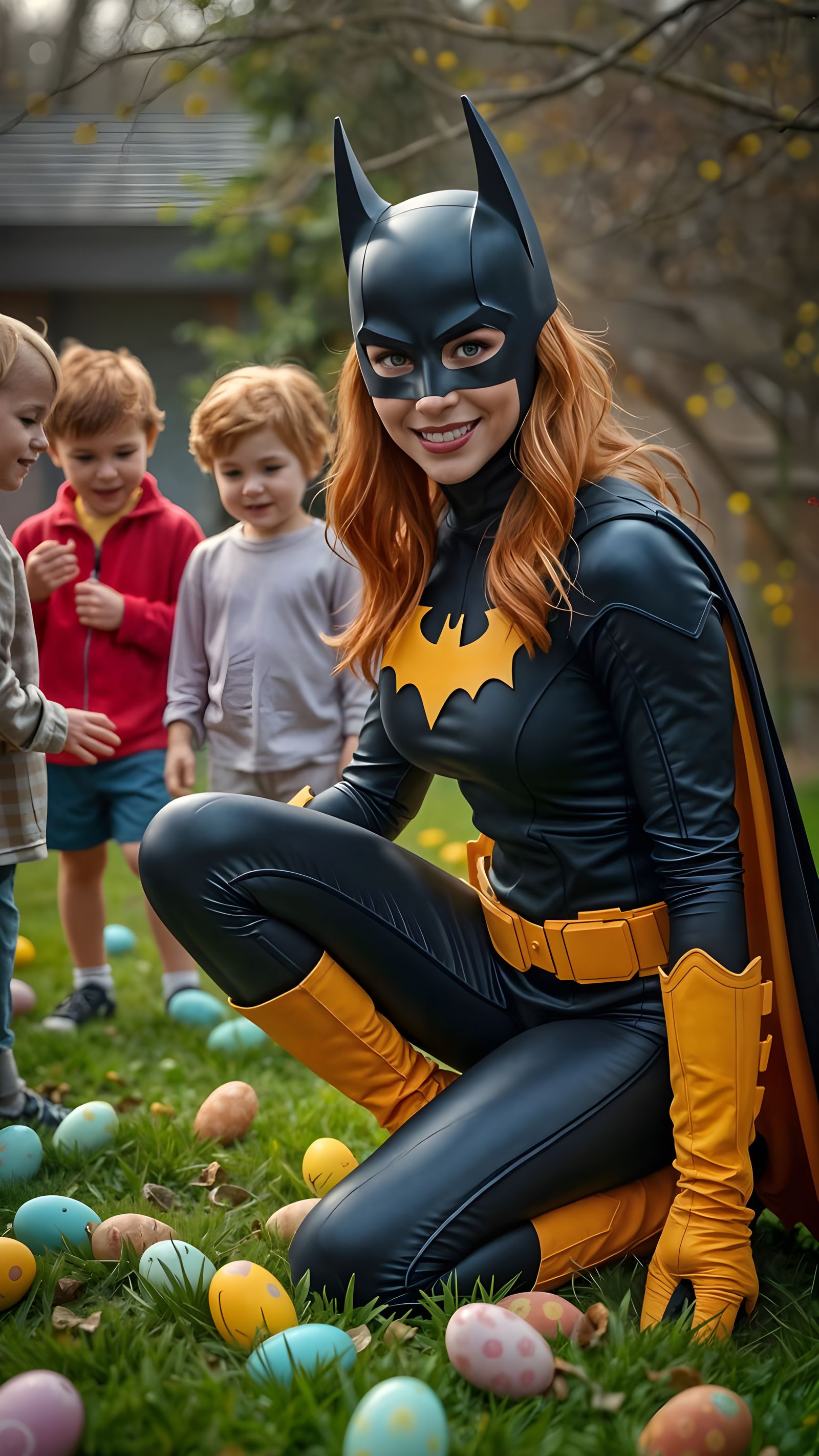 Batgirl in Easter Egg Hunt with Children in a Vibrant Backya...