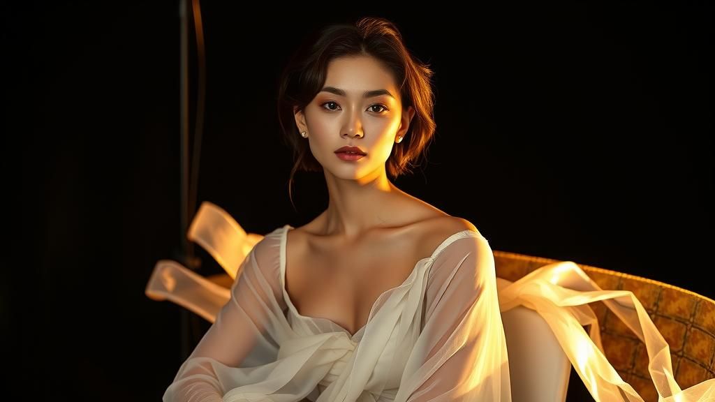 Ethereal Woman in White Dress, Studio Portrait