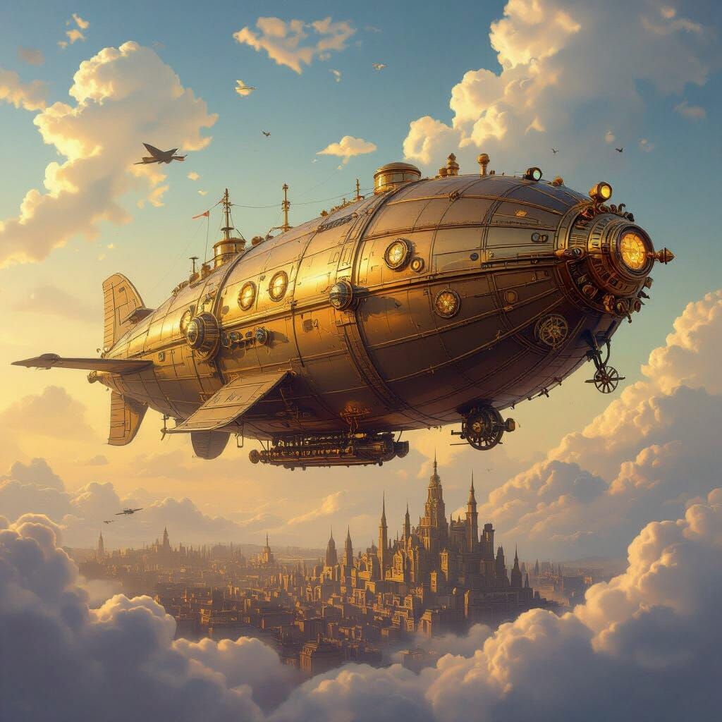 Steampunk Whale Airship Soaring Through Gear-Filled Sky