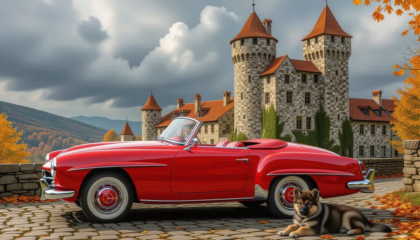 Vintage Mercedes Convertible Before Medieval Castle in Autum...
