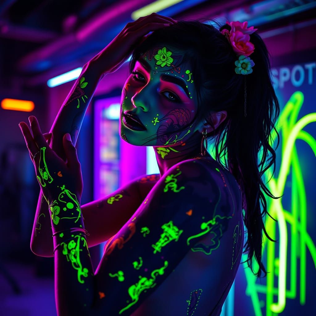 Cyberpunk Body Art with Neon Splatter Paint