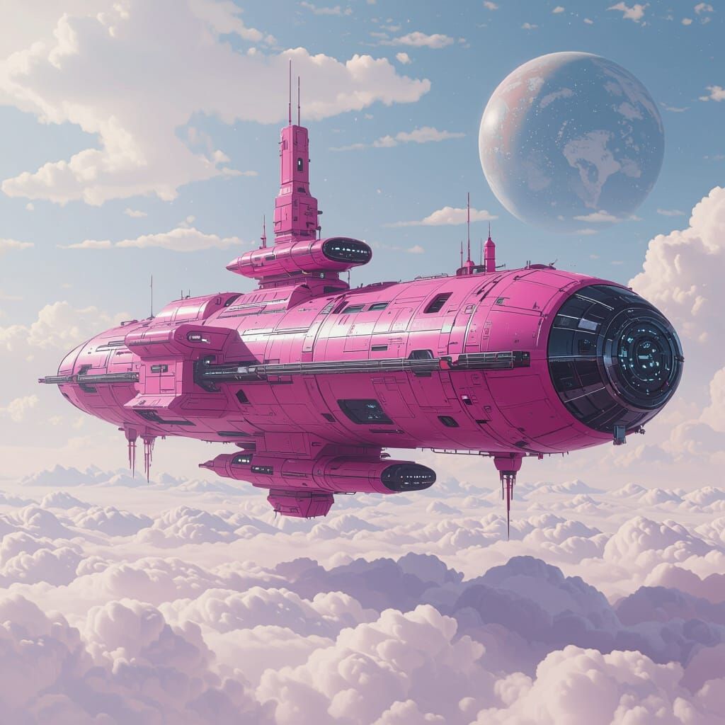 Colossal Pink Space Station in Retro-Futuristic Style