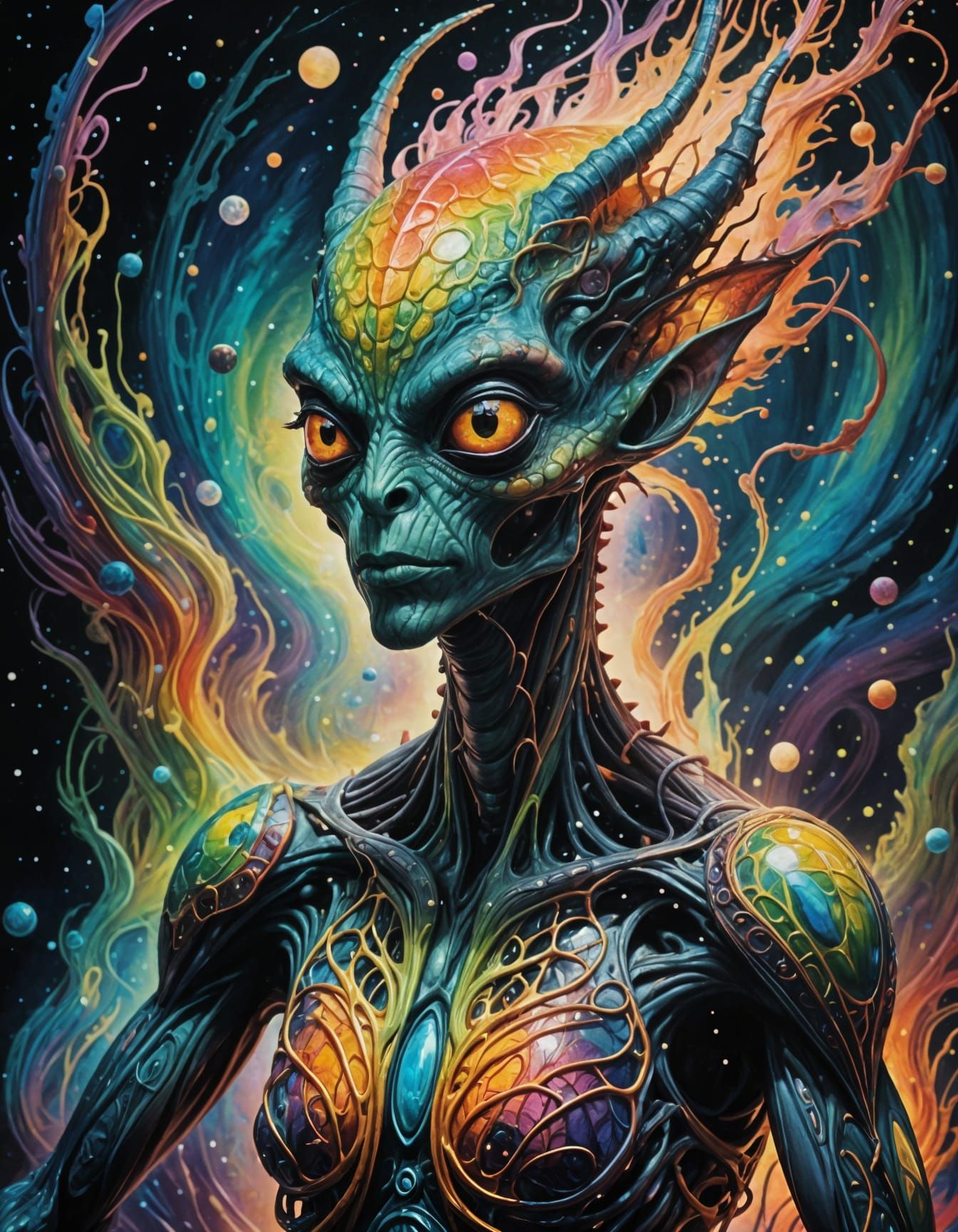 Vibrant, Surreal Space Alien in a Kaleidoscopic Dreamworld
