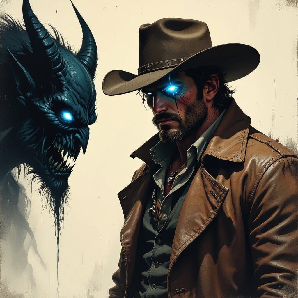 Outlaw Cowboy Confronts Demonic Creature in Noir Fantasy Sty...