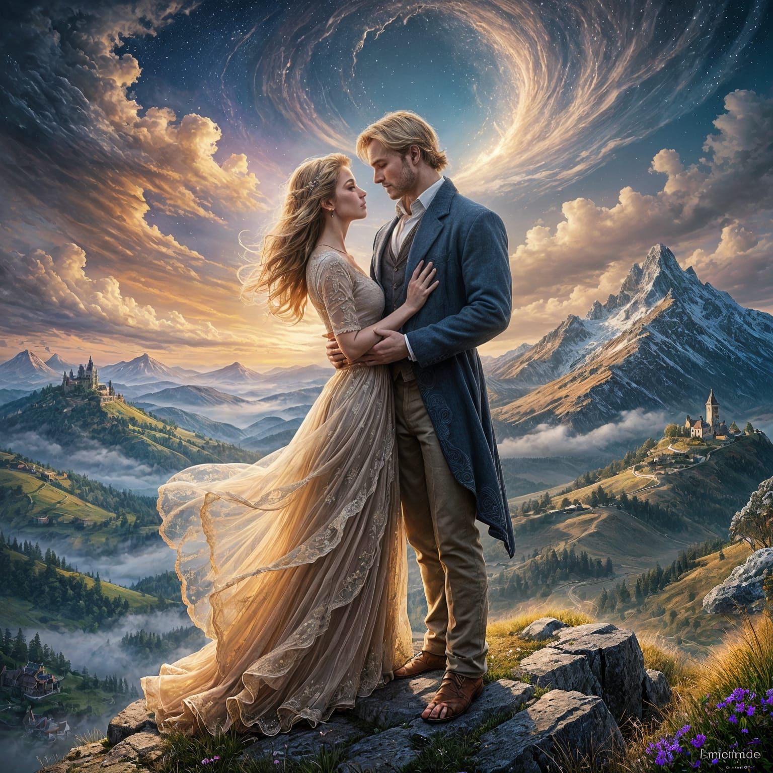Ethereal Fantasy Couple Under Starry Night Sky