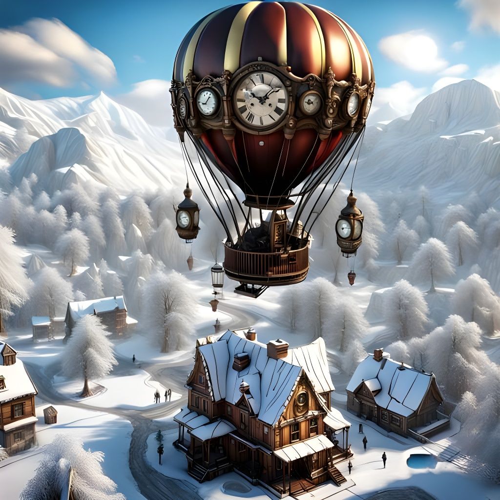 Steampunk Balloon Flight over Winter Wonderland