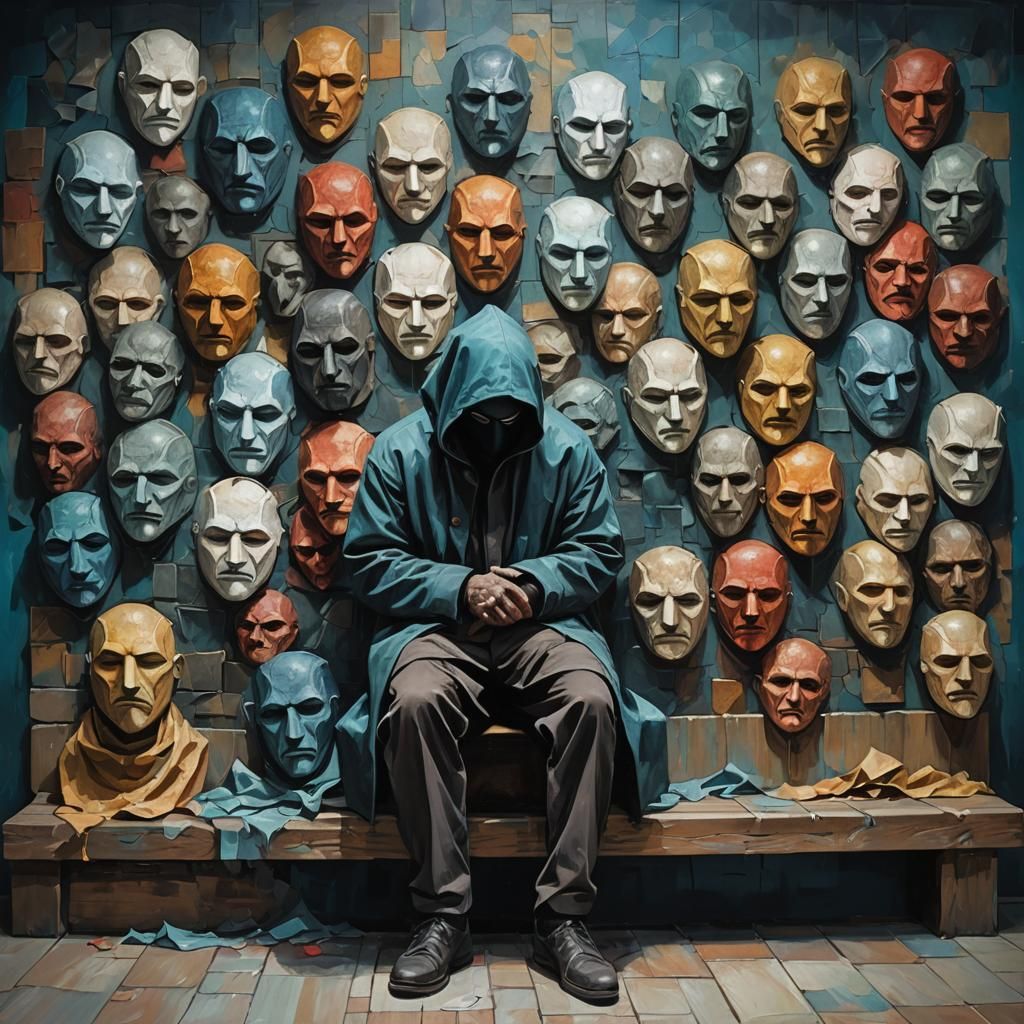 Dramatic Masks and Frozen Waterfall in Impasto Style