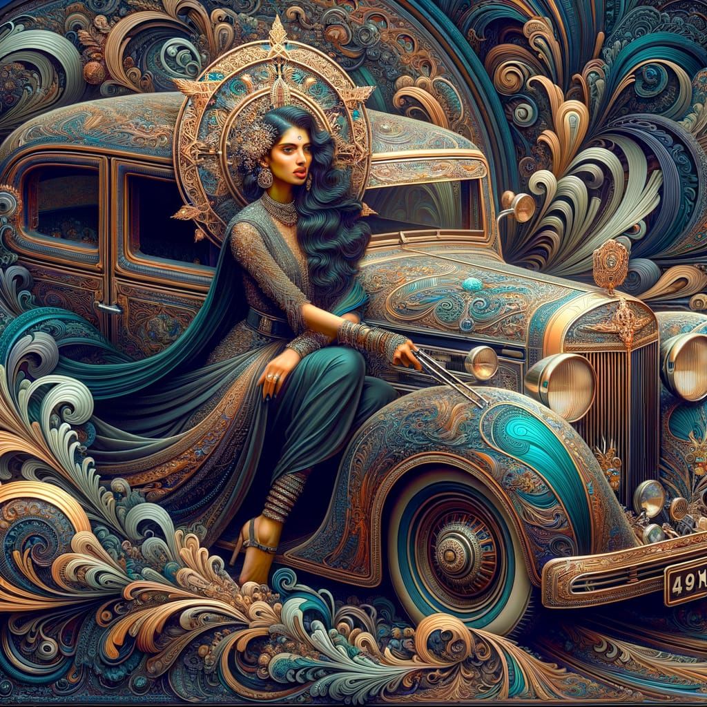 Fashion Car with Woman in Old-World Matte Painting Style