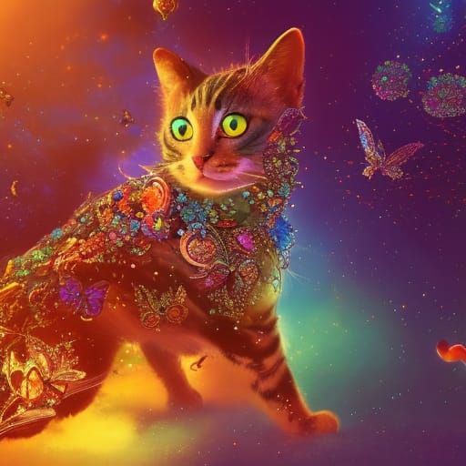 Jeweled Fire Cat with Butterflies: Fantasy Art