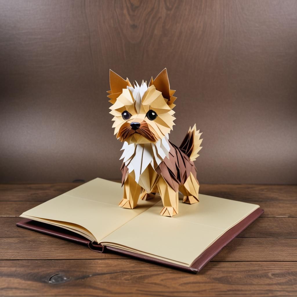 Adorable Yorkshire Terrier Pop-Up Book on Mahogany Table