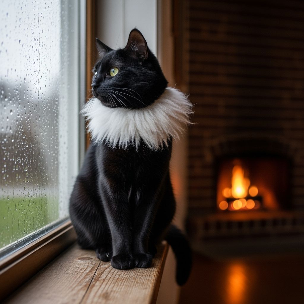 Black Cat Watching Rainy Day by Fireplace