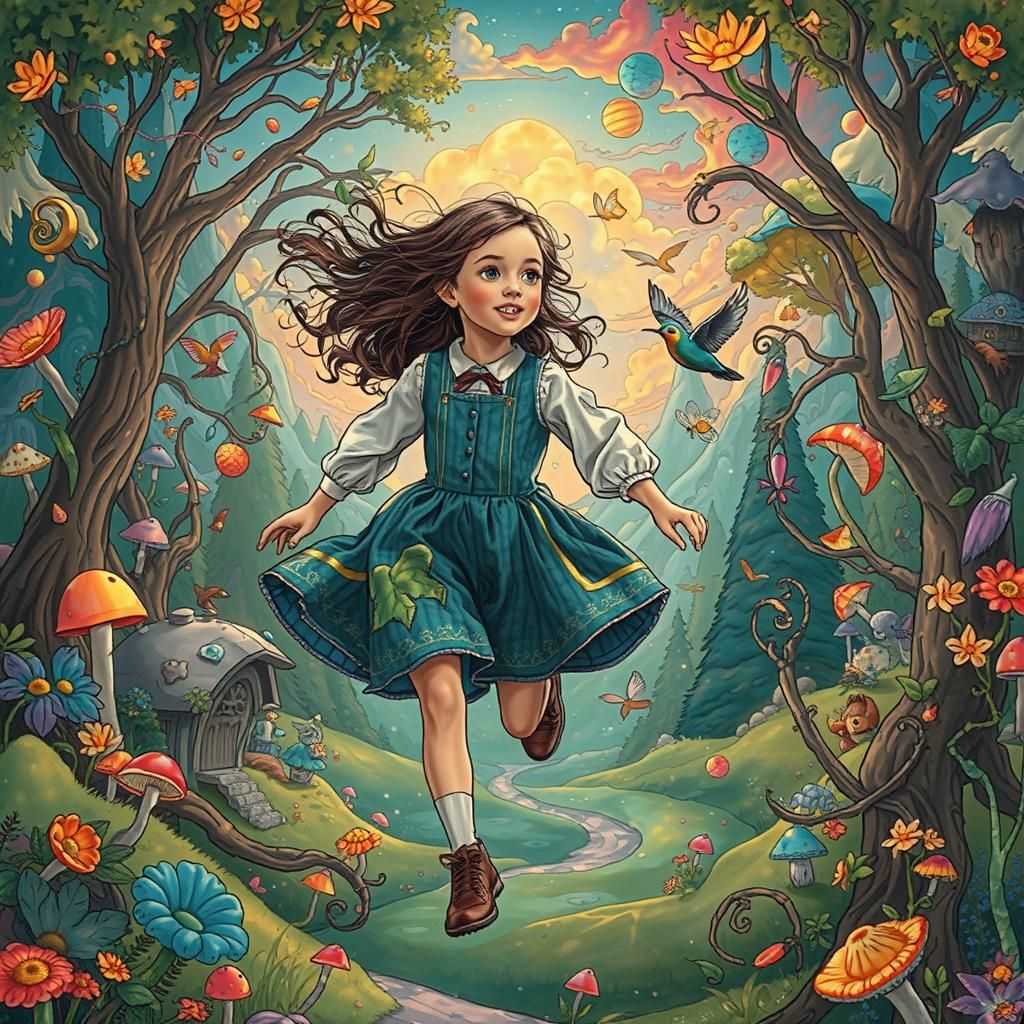 Enchanted Fairytale: Girl Runs in Iridescent Landscape