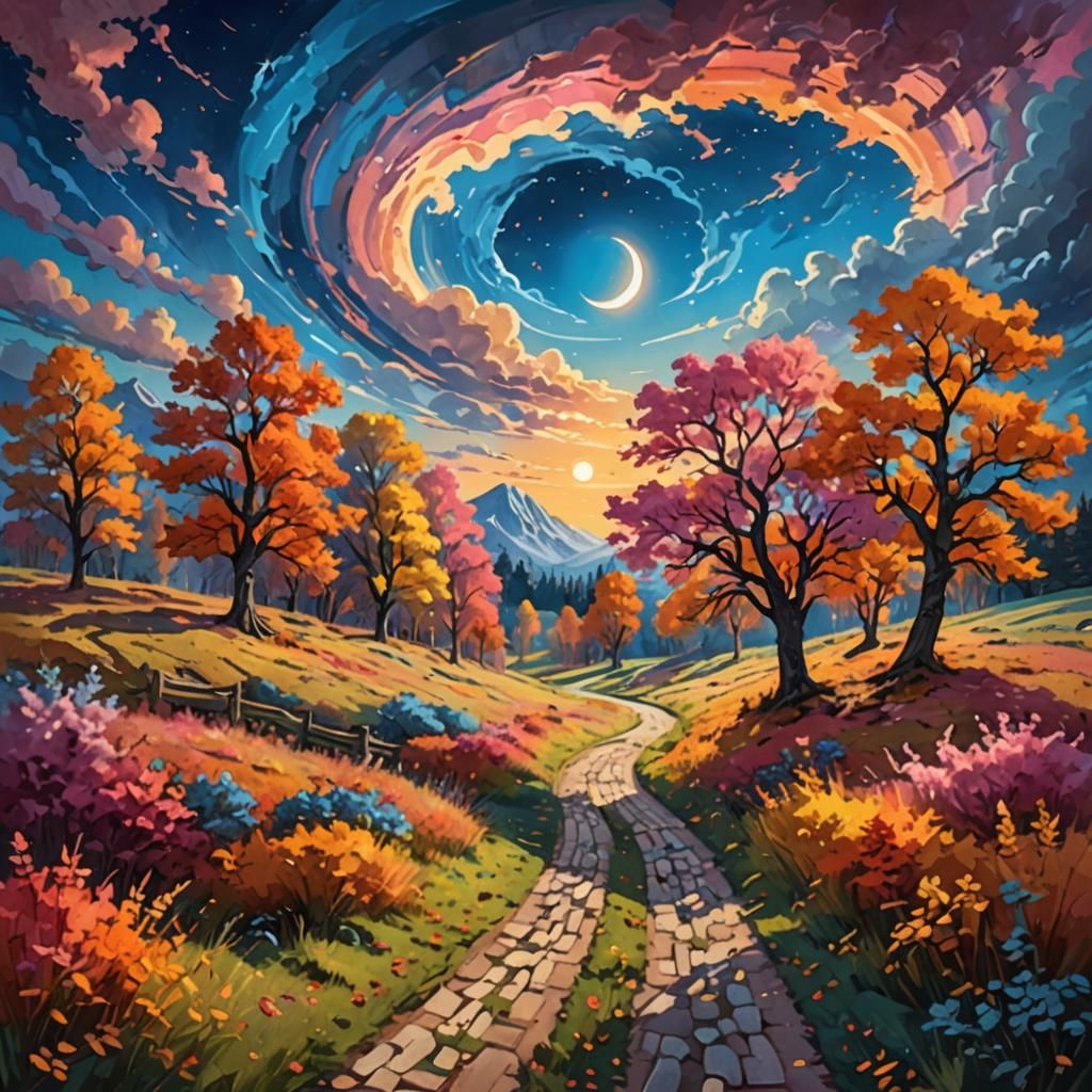 Dreamlike Autumn Landscape with Swirling Clouds