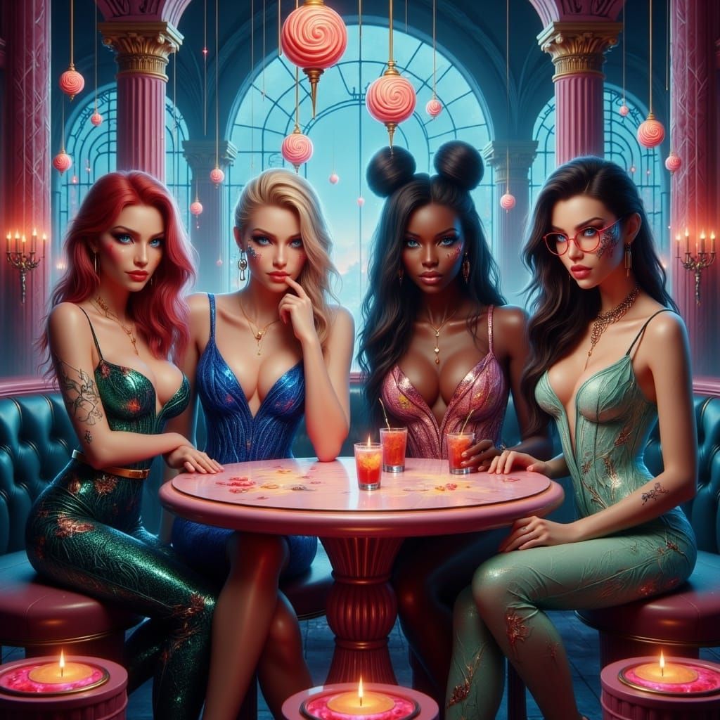Four Women Enjoying a Whimsical Night Out in a Colorful Cand...