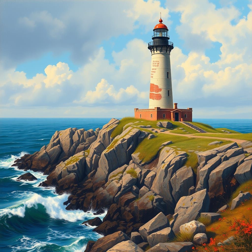 A lighthouse on a rocky island at the coast