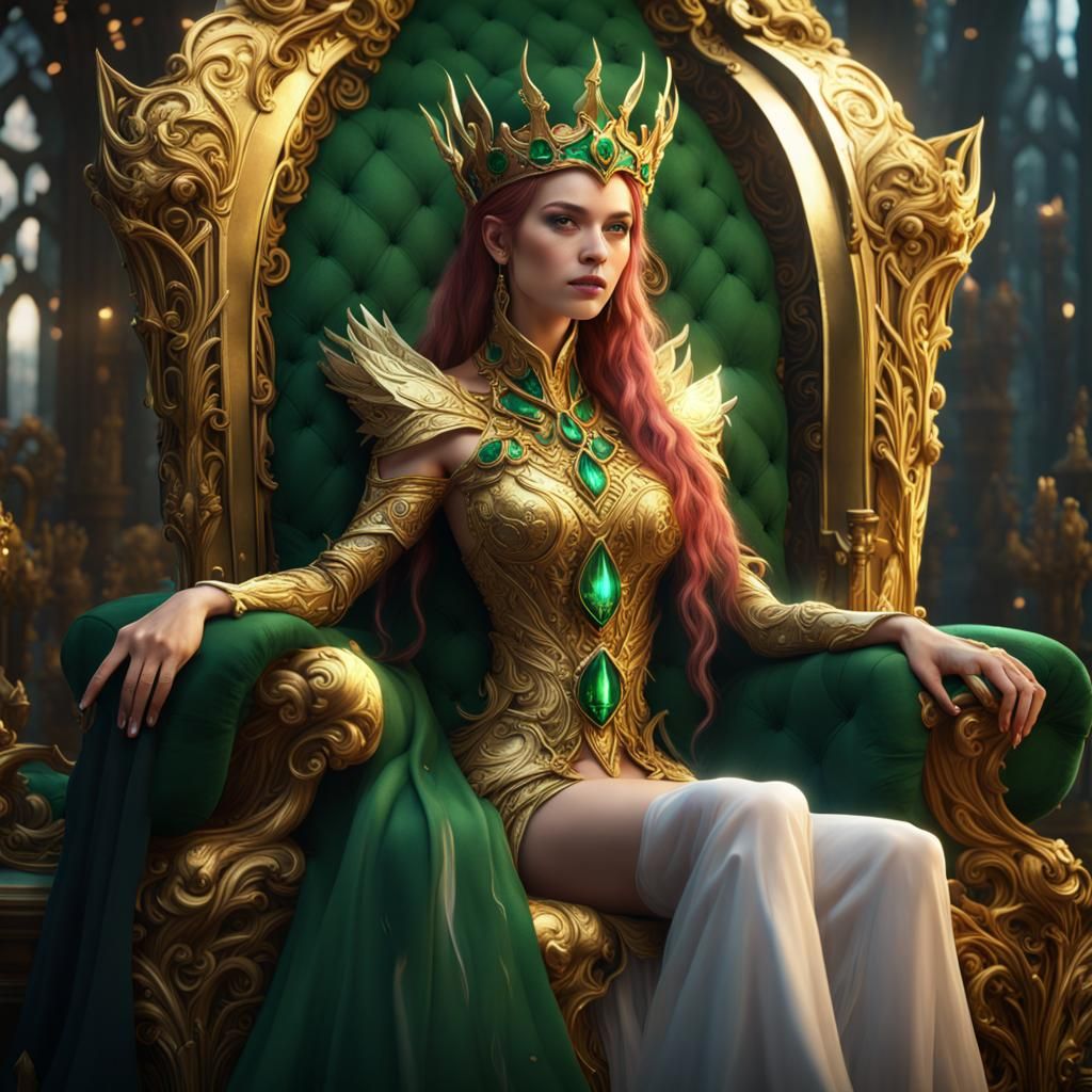 Elf Queen on Emerald Throne, Detailed Matte Painting