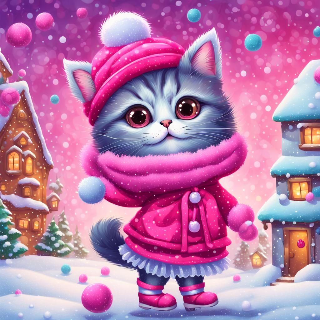 a cute cartoon fluffy cat with big head and big eyes and have a hot pink hat with white dots  and it's snowing. It has a...