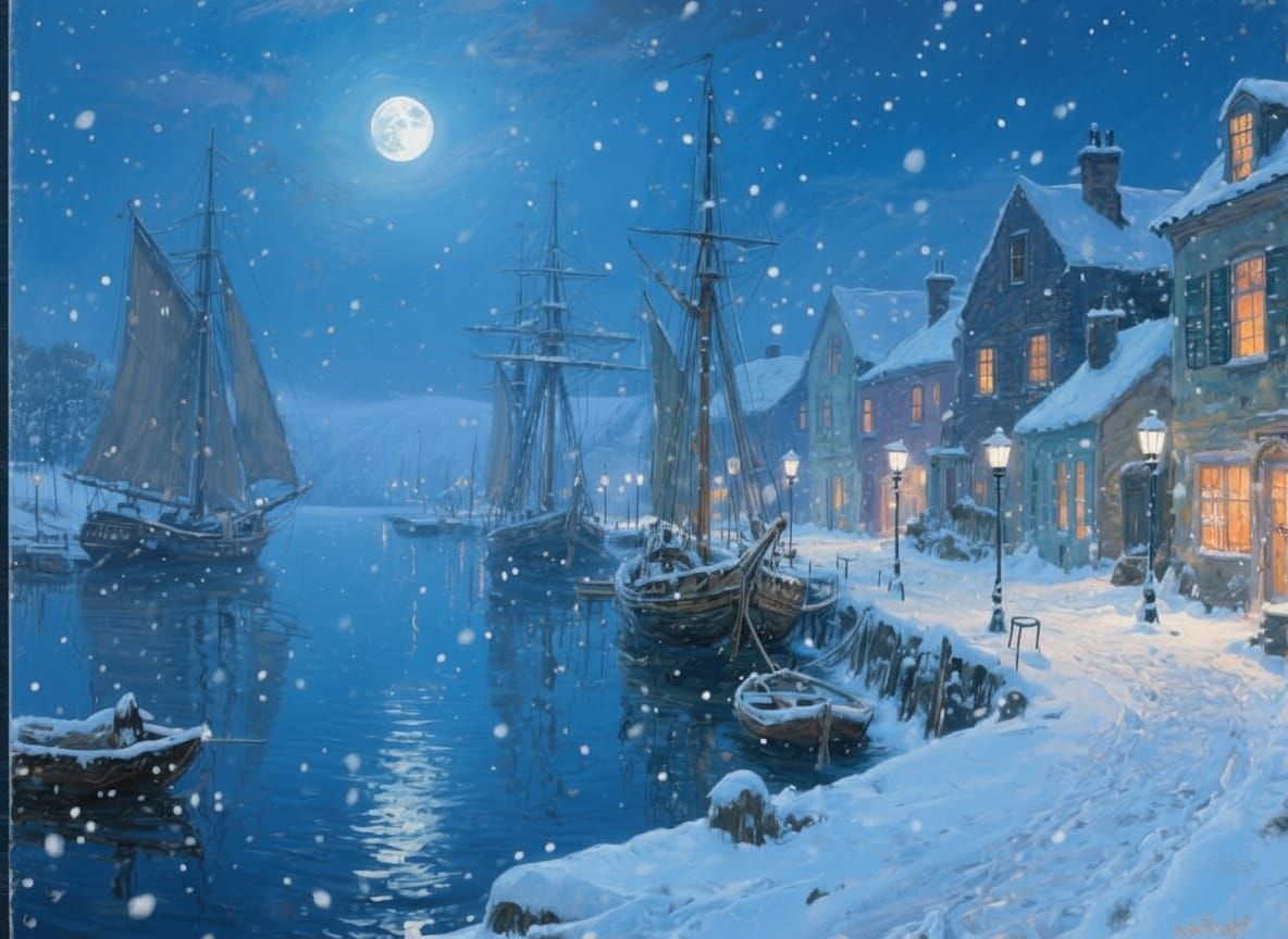 Mystical Harbor Town in Winter Moonlight