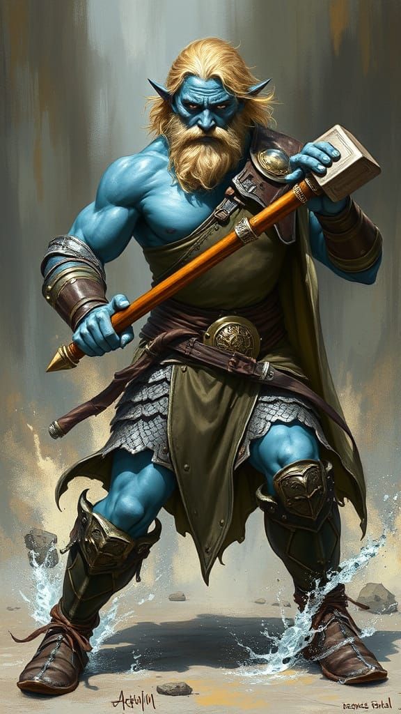 Aquatic Half-Elf Cleric Wielding Mace in Oil Painting Style