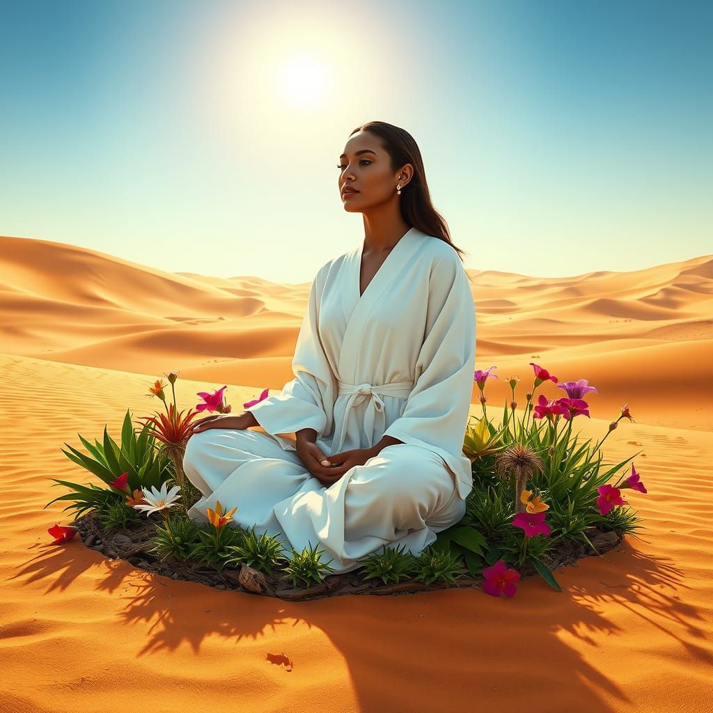 Meditating Woman in Desert Oasis, Photorealistic Image