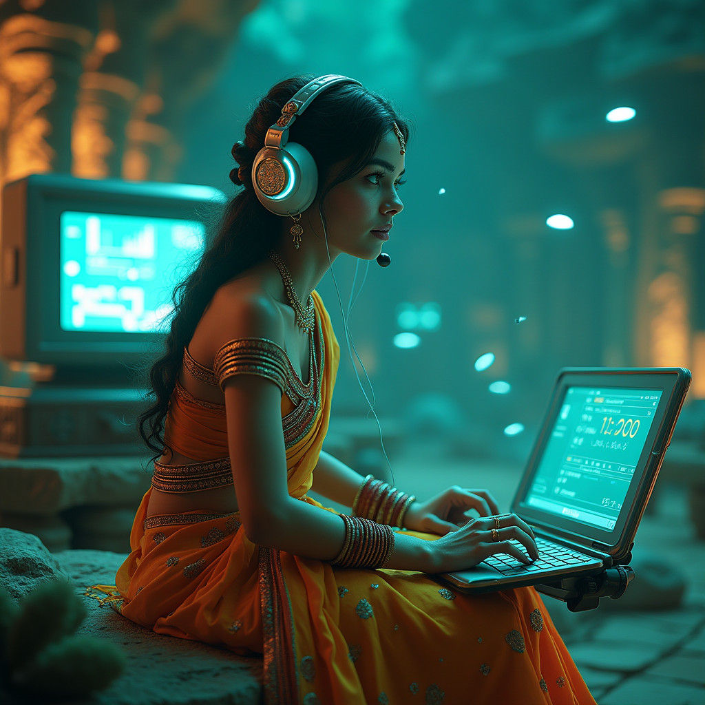 Indian Girl in Futuristic Temple, Fantasy Concept Art