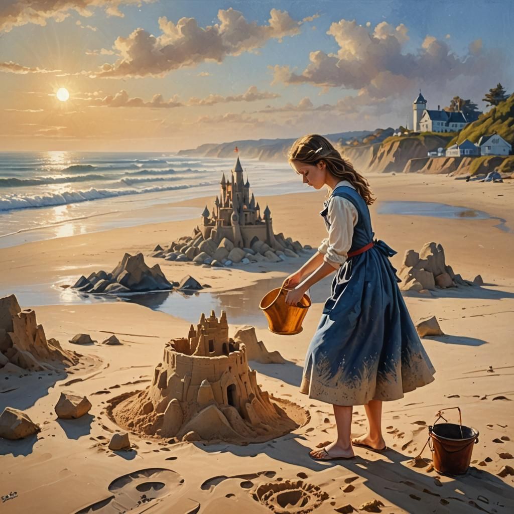 Girl Builds Sandcastle in Impressionistic Gouache Style