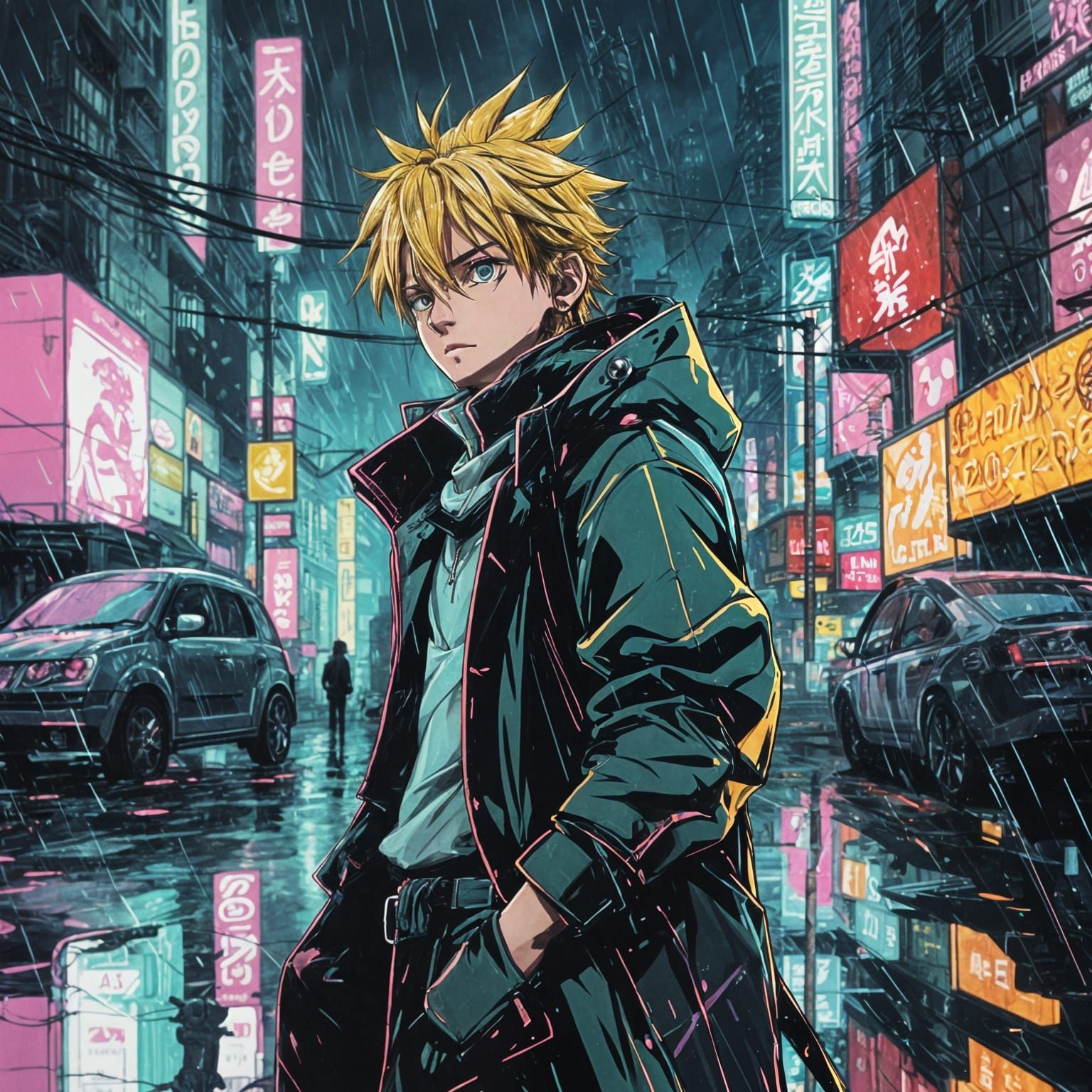 Meliodas in a Neon Cyberpunk City Anime Style