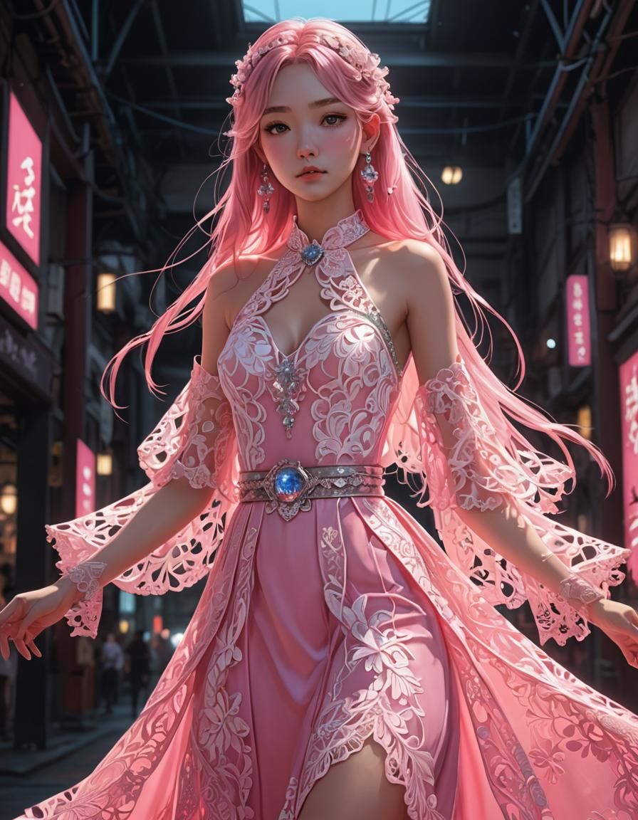 Fluorescent Pink Lace Dress in 3D Anime Art