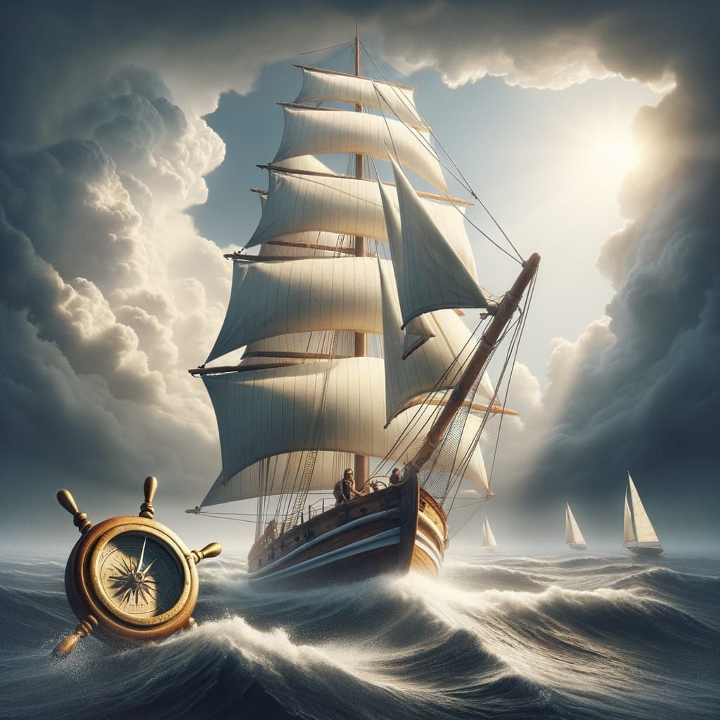 Sailboat Navigating Storm Symbolizing Resilience and Compass...