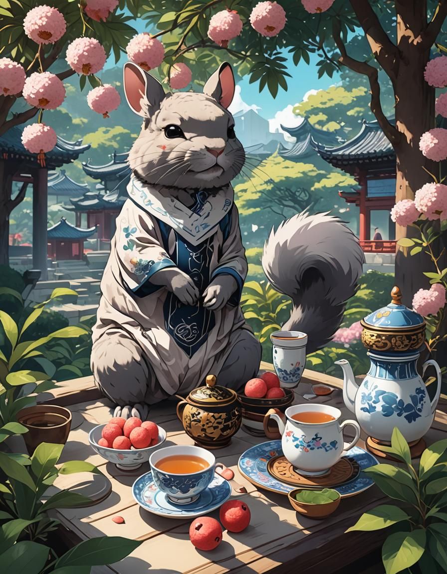 Chinchilla's Serene Tea Time: Anime Garden Scene