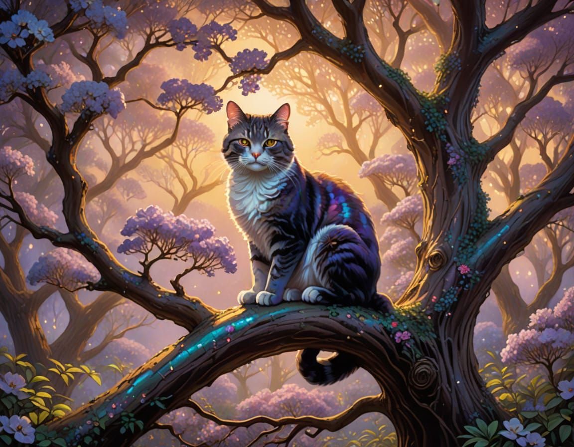 Whimsical Cat Ascends Majestic Jacaranda Tree