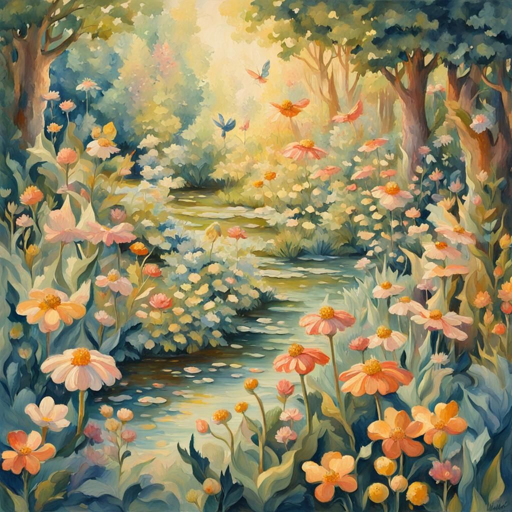 Fairies in Whimsical Garden as Gouache Watercolor