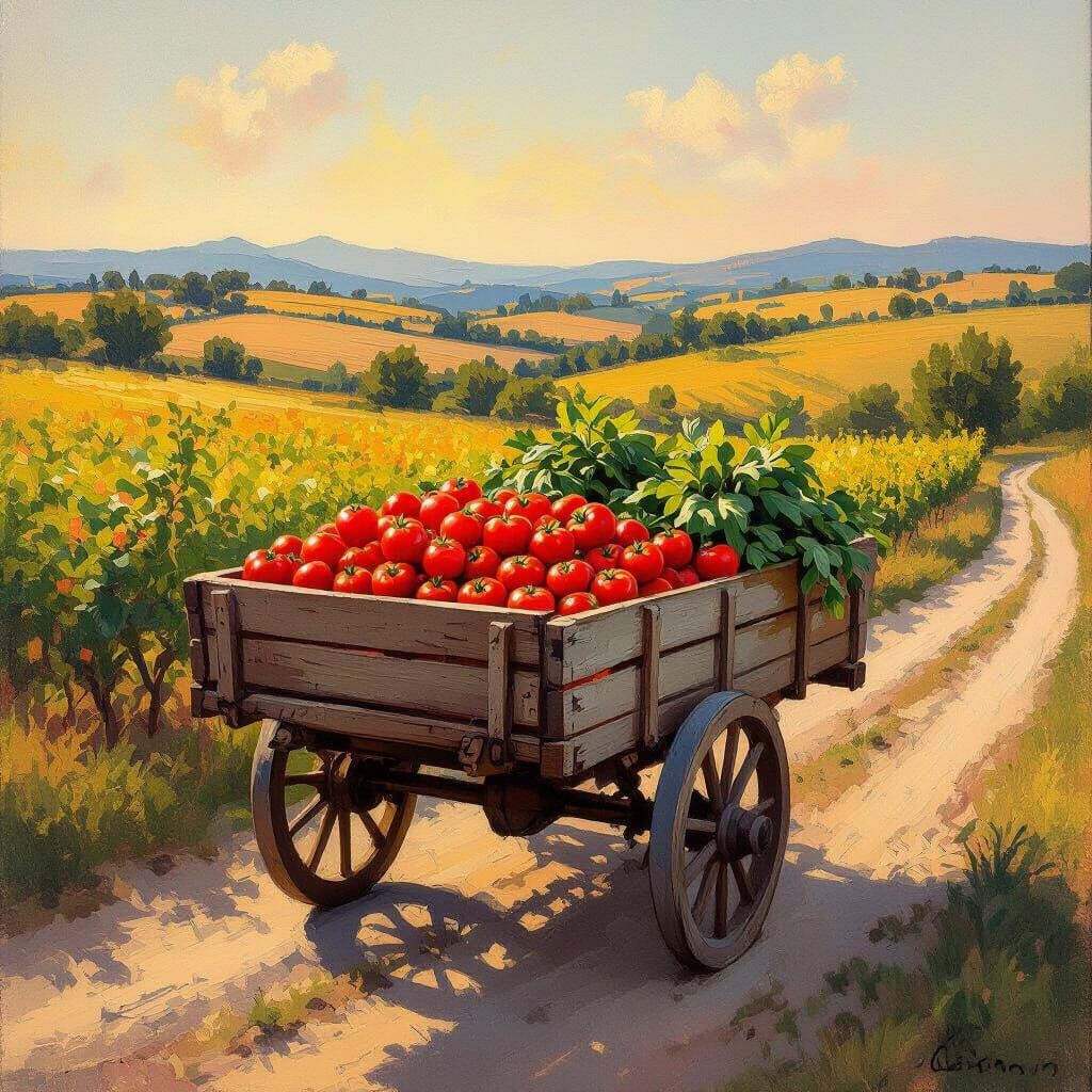 Impressionist Cart of Tomatoes in Golden Light