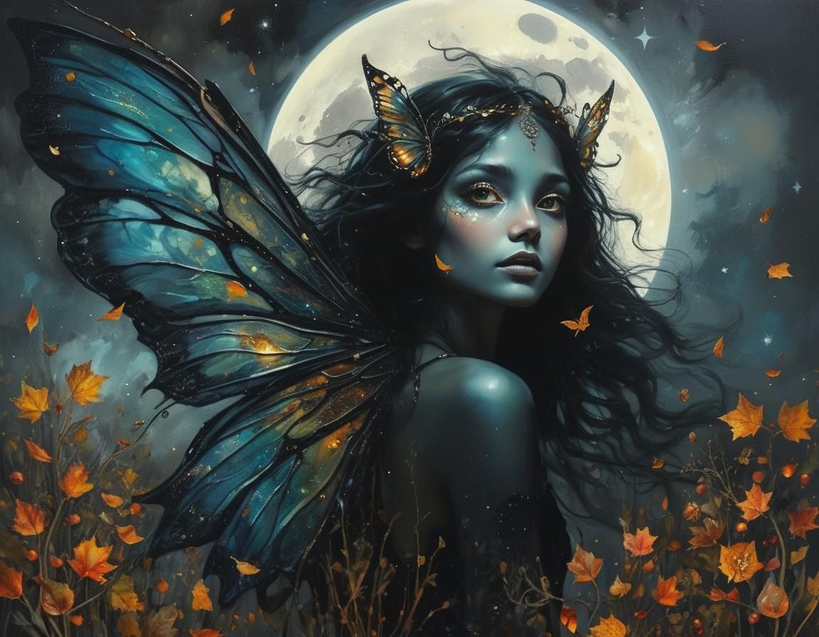 Whimsical Beltain Moon Fairy in Warm Autumnal Colors