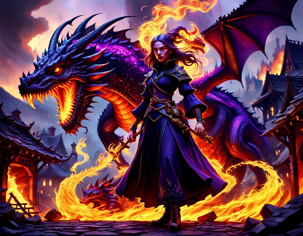Fire Witch Summons a Dragon in Dark Fantasy Style