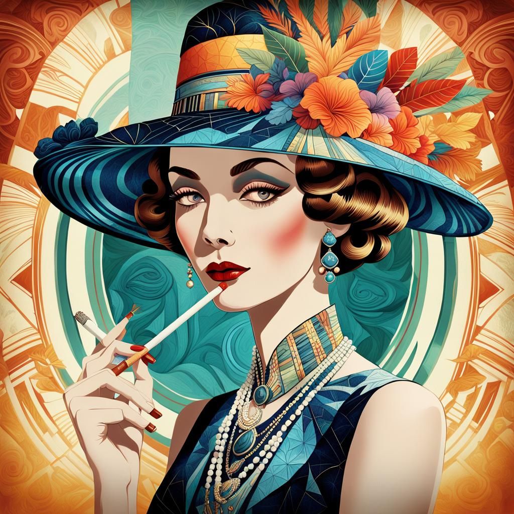 Art Deco Woman with Floral Hat Portrait