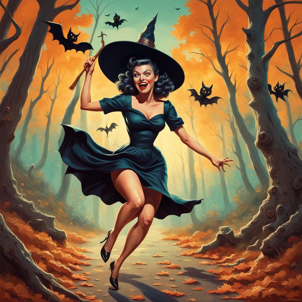 1950s Pinup Witch with Monsters in Woods