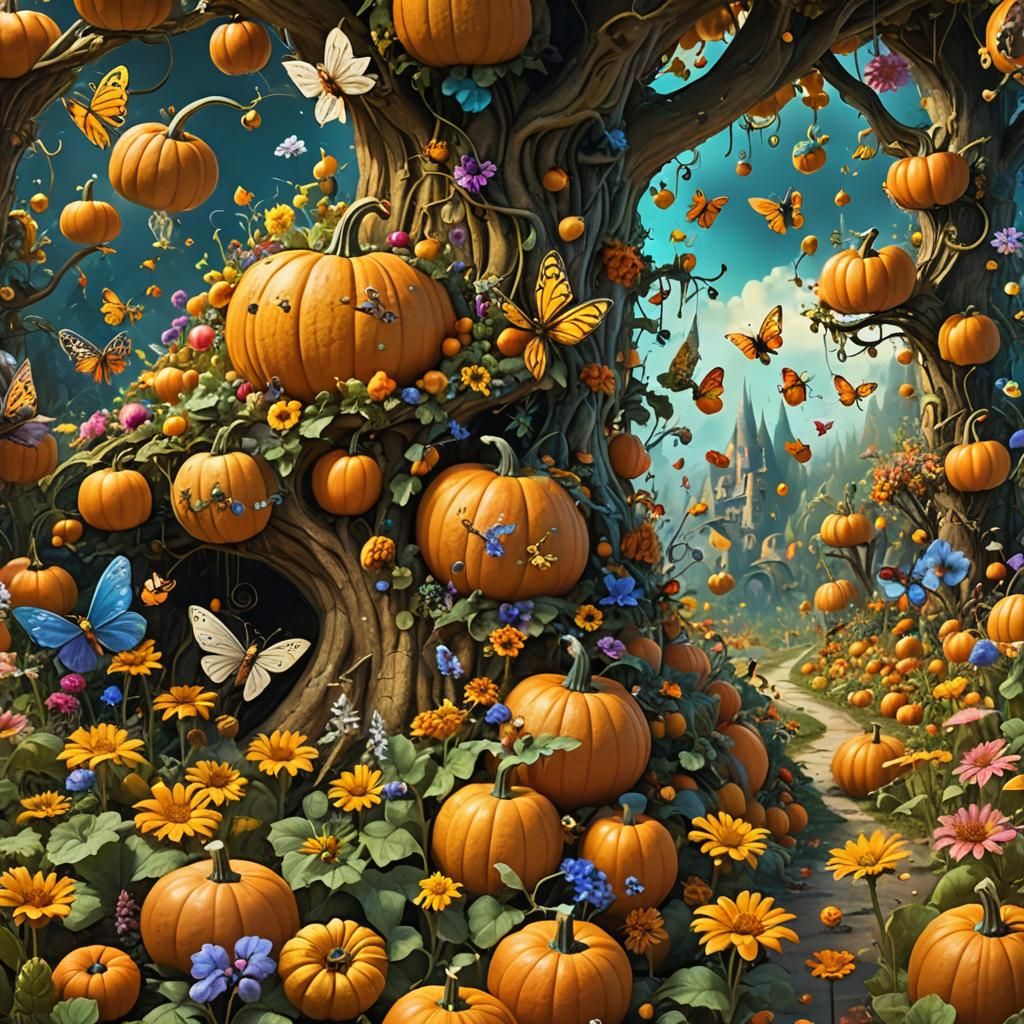 Fairies in a Giant Pumpkin Patch, Fantasy Art