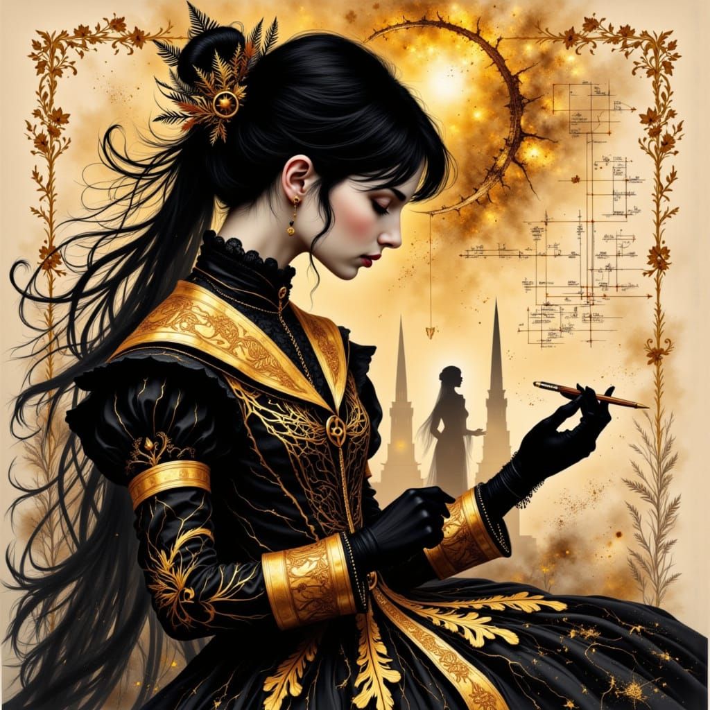 Maiden's Brilliance: Ink and Gold Double Exposure Portrait