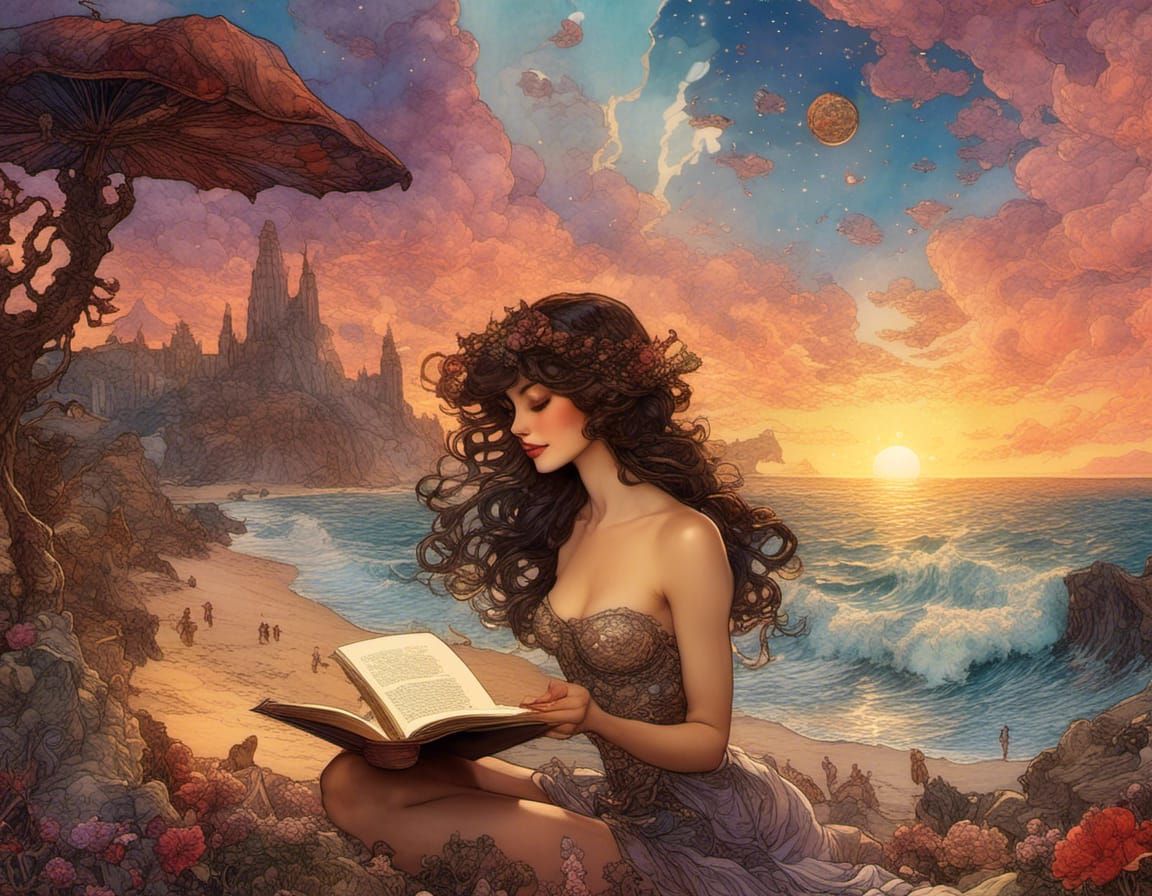 Brunette Reading on Beach in Rackham-esque Style