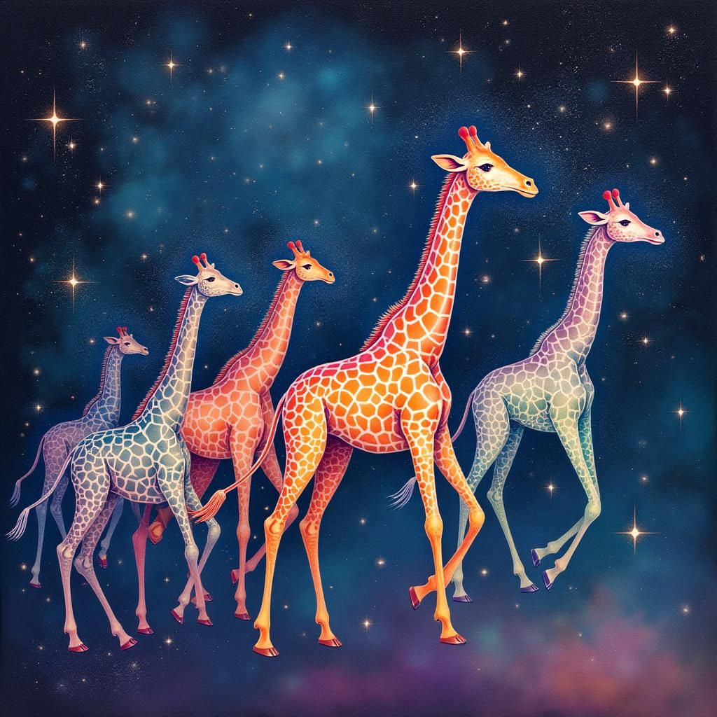 Giraffes Soaring Through Cosmic Skies in Astral Flight