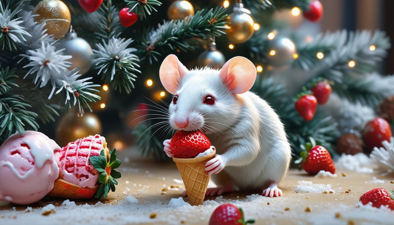 Mouse Savoring Strawberry Ice Cream Under Christmas Tree