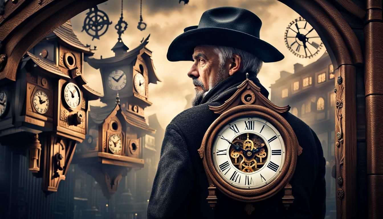 Man with Cuckoo Clock: Hyperrealistic Atmospheric Portrait