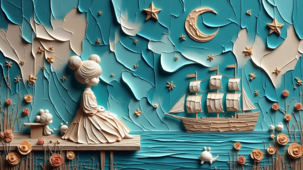 Whimsical Paper Diorama of Coastal Village in Teacup