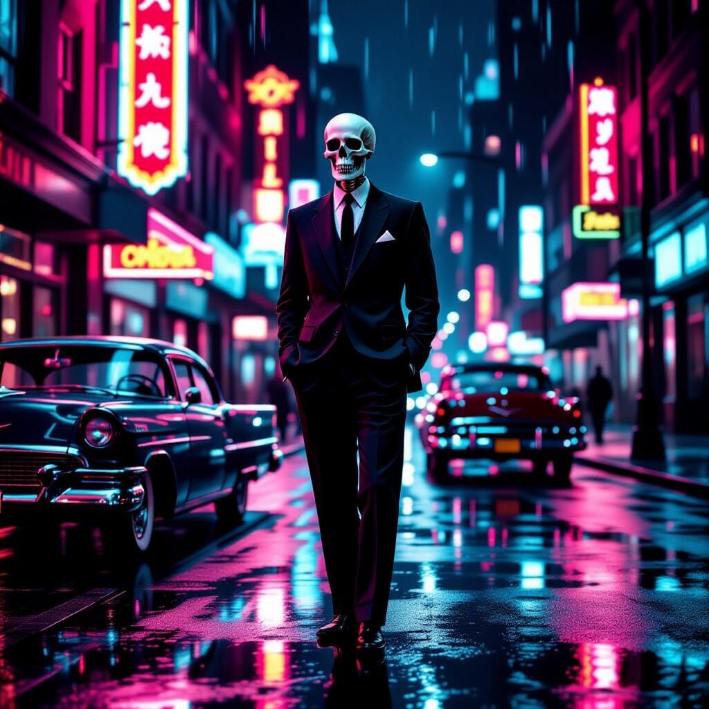 Skeleton in 1950s Suit on Neon City Street