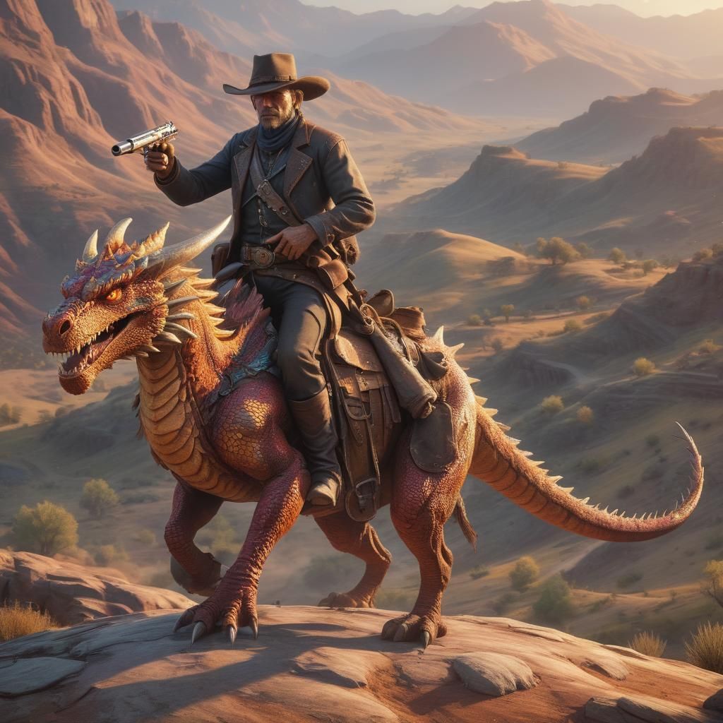 Outlaw Gunman Rides Dragon in Epic 3D Render
